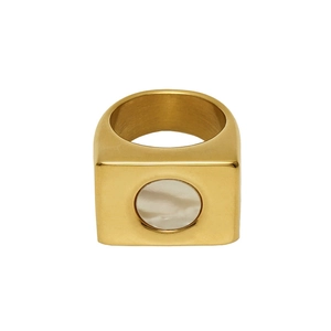 Polished 18k gold plated stainless steel square ring with a round mother of pearl inlay