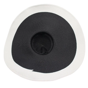 Detailed top view of wide brim straw sun hat featuring black and white contrast design