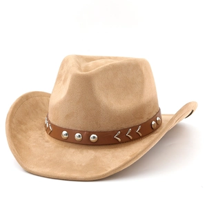 Classic Western faux suede cowboy hat in khaki with leather band and metal studs