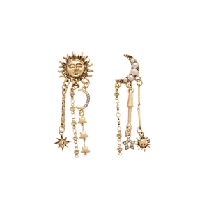 Asymmetric sun and moon fringe earrings with pearls in vintage gold finish