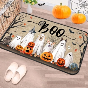 Halloween pumpkin doormat featuring ghosts and Boo text for festive home entrance decor