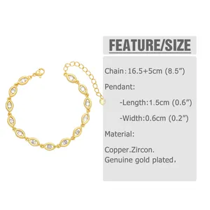 Detailed size chart of gold-plated zircon bracelet with lobster clasp and extension chain