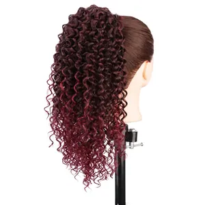 Burgundy Jerry curl ponytail extension for women with tight wave synthetic hair texture