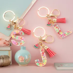 Fruit Resin Alphabet Letter Keychain With Colorful Fruit Slice Inclusions Gold Tone Key Ring Pink Tassel Watermelon Charm Gift
