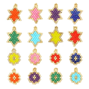 Handmade woven seed bead pendants in geometric star and floral patterns with gold clasps