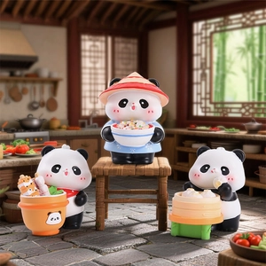 Three cute cartoon panda figurines in traditional kitchen scene for home decoration