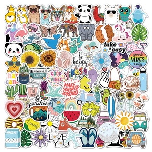 Pile of 100 VSCO aesthetic waterproof PVC stickers featuring cute animals and slogans
