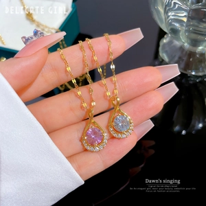 Titanium steel waterdrop necklace with pink and clear crystals on delicate gold chains