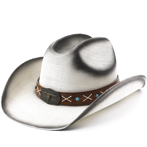 Western Cowboy Straw Hat Vintage Distressed Wide Brim With Bull Head Buckle Retro Outdoor Sun Protection For Men Women