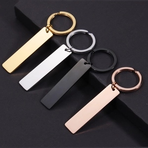 Stainless steel rectangle tag keychains in gold, silver, black, and rose gold finishes