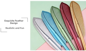 Detail of five creative metallic feather pens showing realistic texture and vibrant colors