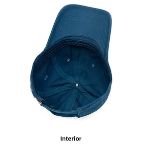 Internal view of dark blue cotton baseball cap showing lining and stitching details