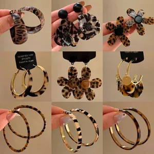 Vintage Leopard Print Resin Hoop Drop Earrings Women Geometric Studs With 925 Sterling Silver Earring Post
