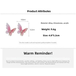Detailed size specifications of pink butterfly earrings with S925 silver needles and crystals