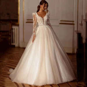 Robe De Mariée Élégante En Dentelle À Manches Longues Col En V Robe De Bal Paillettes Dos À Lacets
