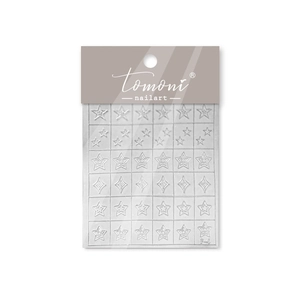 Detailed view of F-4 star and diamond hollow nail art stickers in transparent packaging