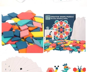 Detailed four-view set of 180pcs wooden geometric shape puzzle toys for early learning