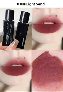 Texture detail of Cappuvini 830 Light Sand matte lip glaze on lips and swatch