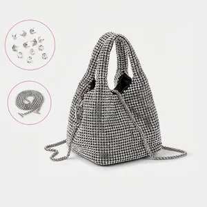 Sparkling Rhinestone Evening Bucket Bag Shimmering Crystal Handbag With Detachable Metal Chain For Party Wedding Dinner