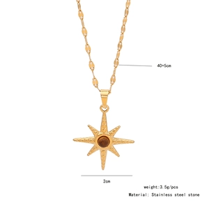 Detailed view of tiger stone star pendant on stainless steel chain with dimensions