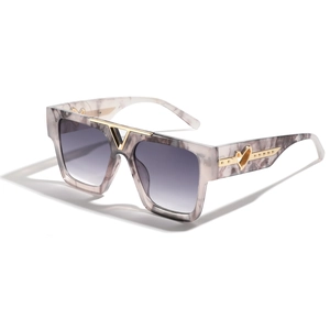 Square marble frame sunglasses with purple gradient lenses and heart metal temples