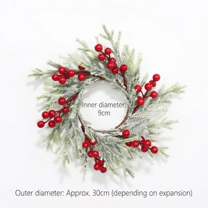 Christmas mini wreath candle ring with red berries and snowy pine needles, 30cm outer diameter