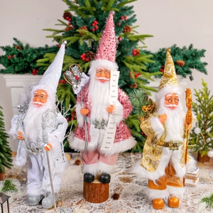 Three 18-inch standing Santa Claus dolls in silver, pink and gold for Christmas decor