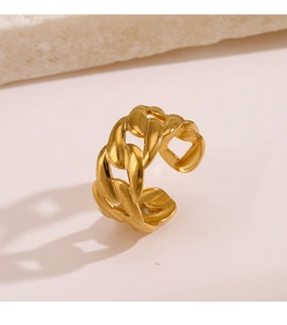 Detailed view of golden Cuban link chain ring with adjustable open band on stone