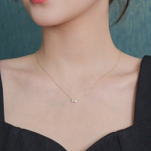 Minimalist S925 silver 14K gold plated necklace with baguette cut lab diamond pendant