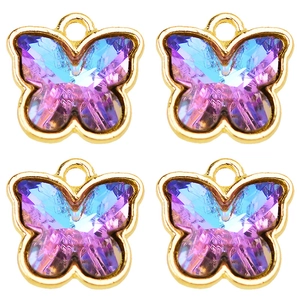Set of four gradient purple crystal butterfly pendants with golden alloy frames