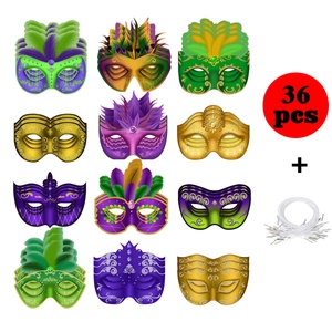 36-piece Mardi Gras paper mask set with 12 styles and elastic strings for parties