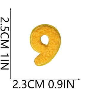 Close-up of yellow chenille number 9 embroidery patch with dimensions 2.5cm by 2.3cm