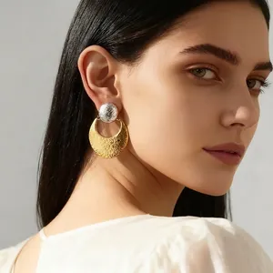 Geometric Crescent Moon Stud Earrings Hammered Texture Stainless Steel Artistic Modern Two Tone Fashion For Women