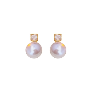 Elegant gold plated silver needle stud earrings with crystal square and white pearl