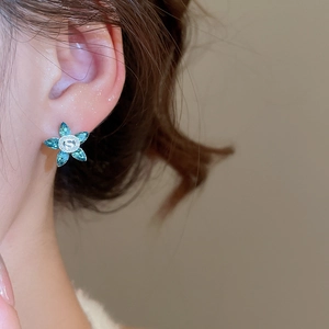 Close-up of blue zircon flower earrings with double C logo on model's ear