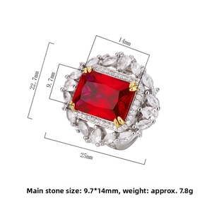 Macro detail of red rectangle ruby ring with dimensions 9.7x14mm and 7.8g weight