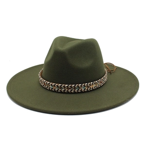 Classic dark green wool fedora with a flat wide brim and patterned ethnic hat band