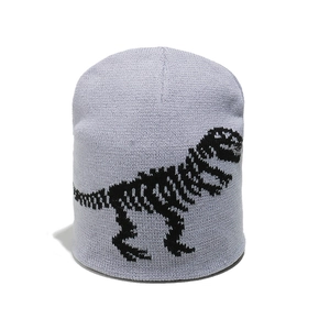 Detailed knit texture of children's grey beanie with black dinosaur skeleton jacquard