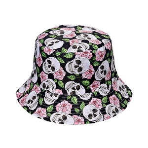 Fashionable black bucket hat featuring skull and rose prints for a stylish summer look