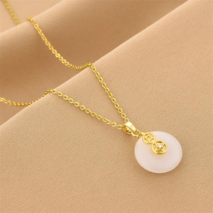Gold plated stainless steel necklace with white jade Ping'an buckle pendant