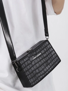 Unisex black crocodile pattern box bag with metal lock and slim shoulder strap