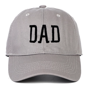Close-up detail of high-quality grey cotton baseball cap with black DAD embroidery