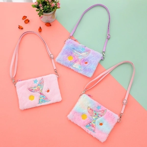 Three sequined mermaid tail plush crossbody bags with adjustable straps for little girls