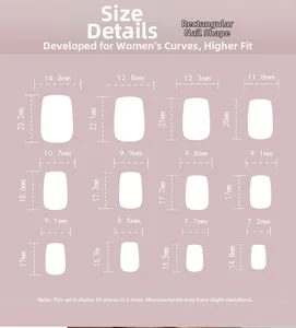 Size guide for rectangular press-on nails showing 12 different width and length dimensions