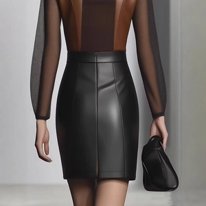 Women's high waist black PU leather pencil skirt with back zipper and slim fit design