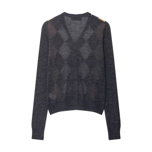 Back view of dark grey crewneck cropped sweater with argyle pattern and ribbed cuffs