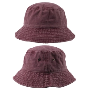 Detail of burgundy cotton bucket hat featuring parallel brim stitching and metal eyelets