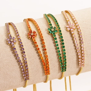 Adjustable 18K gold plated bracelets with zircon flower charms in four vibrant colors