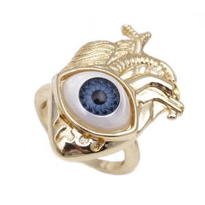 3D anatomical heart ring with blue evil eye in gold-plated copper finish