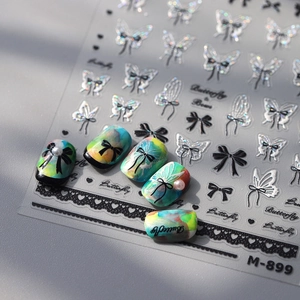 Holographic Silver Butterfly And Bows Nail Art Stickers Self Adhesive Embossed Lace Designs Elegant Manicure DIY Decals